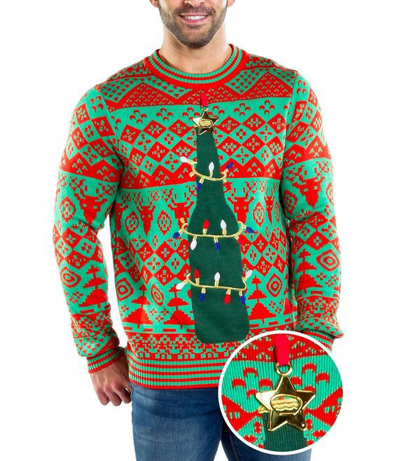 Men's ugly sweater. Beer bottle wrapped in baubles with beer bottle opener.