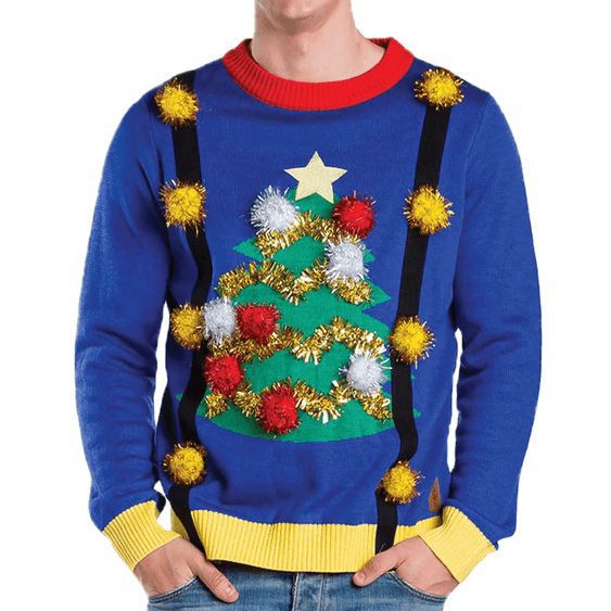 Mens Christmas Sweater. Design features Christmas tree with suspenders.