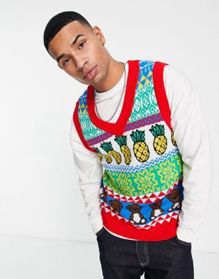 Mens Christmas Sweater. Tropical design knitted tank sweatshirt.