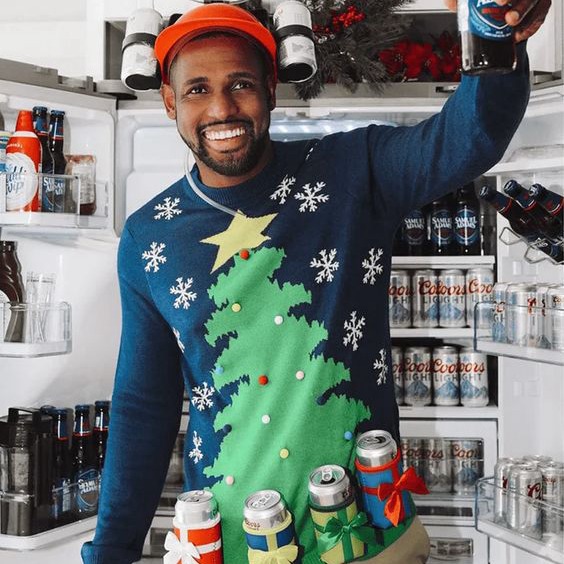 Christmas tree design men's ugly Christmas sweater with beer can holders.