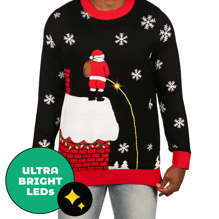 Santa peeing off roof with light up wee. An oddball design. Definitely one for the ugly sweater list.